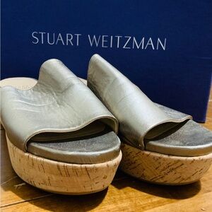 Stuart Weitzman Metallic Silver Leather Platform Slide Sandals-Classic comfort